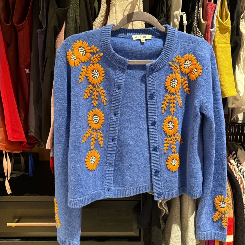 Alex Mill Blue Cardigan with Orange Floral Design